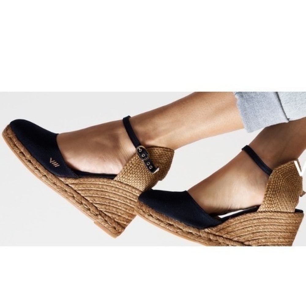 Viscata Barcelona Navy Blue Canvas Espadrille Wedges Ankle Strap Made in Spain